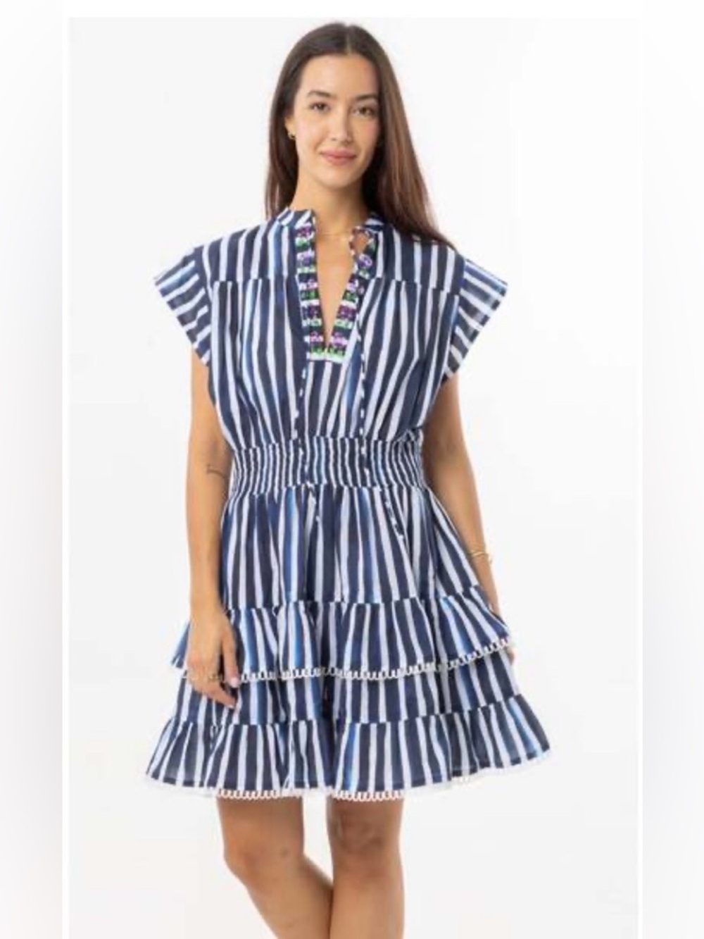 Bindu Poppy Cotton Striped Navy White Tiered Sundress Size Small